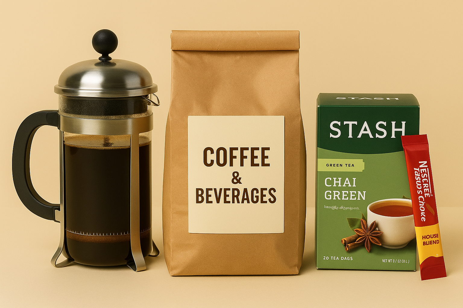 Coffee and beverage products—coffee beans, ground coffee, tea, and drinks
