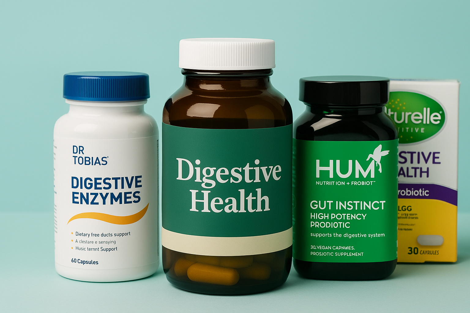 Digestive health supplements, probiotics, enzymes, and fiber for gut support