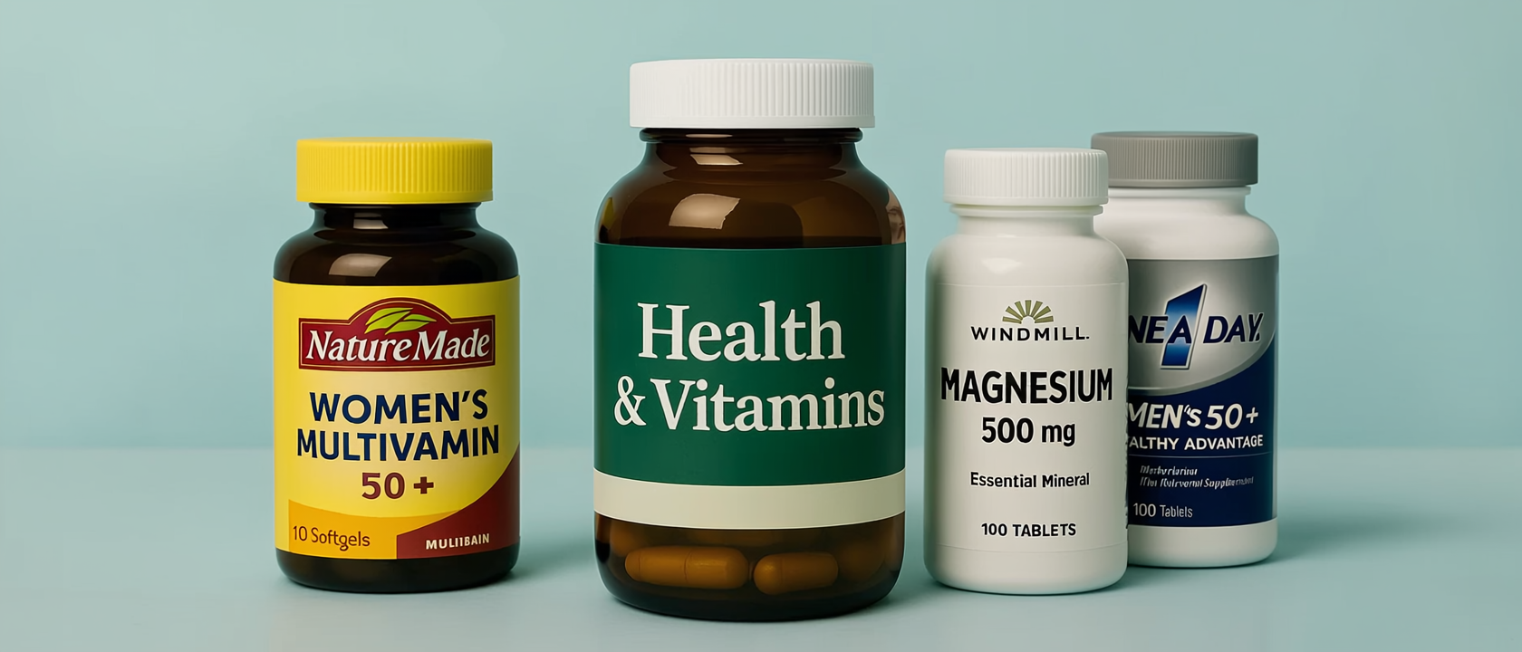 High-quality digital photo of health and vitamin supplements, featuring wellness bottles like fish oil, immune support, and minerals.