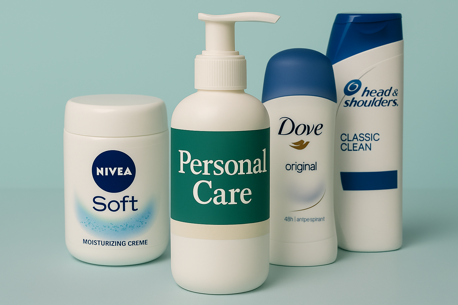 A selection of personal care products including body wash, shampoo, and grooming essentials