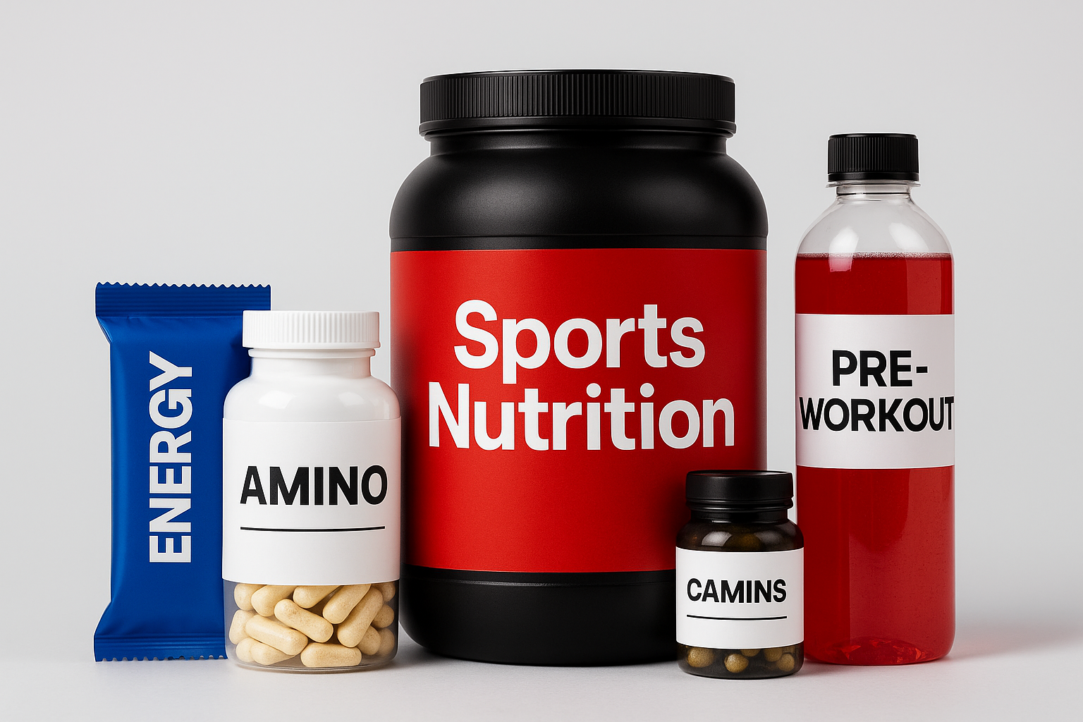 Sports nutrition supplements category featuring protein powder, pre-workout, and energy boosters