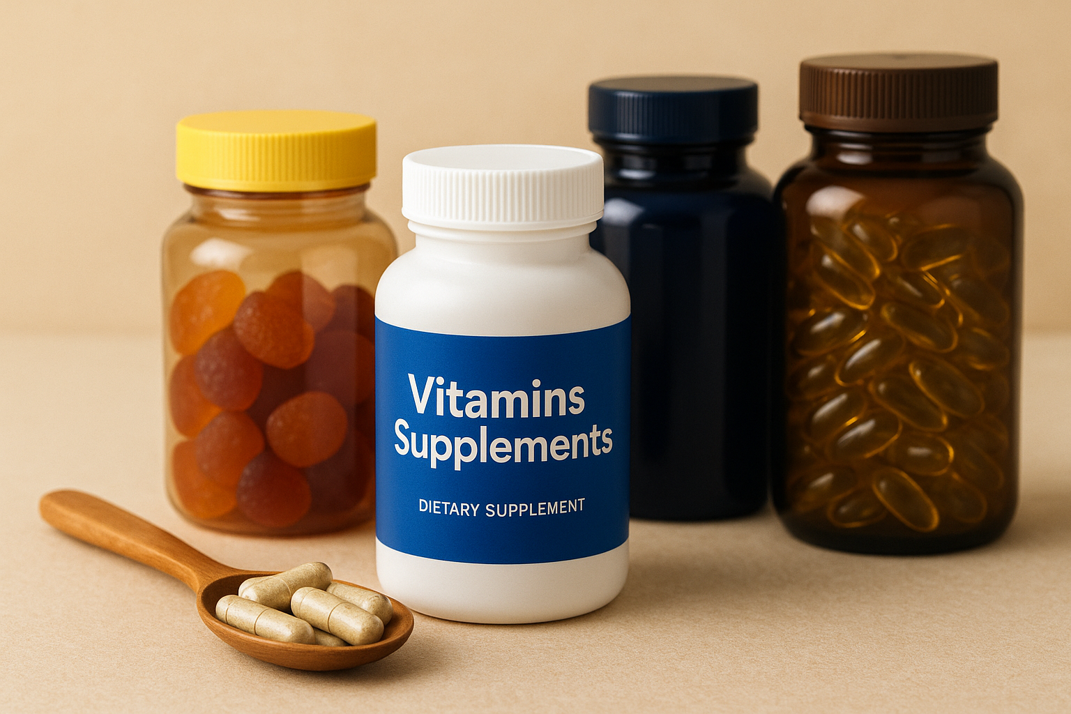 A variety of vitamin and supplement bottles for daily health support and wellness