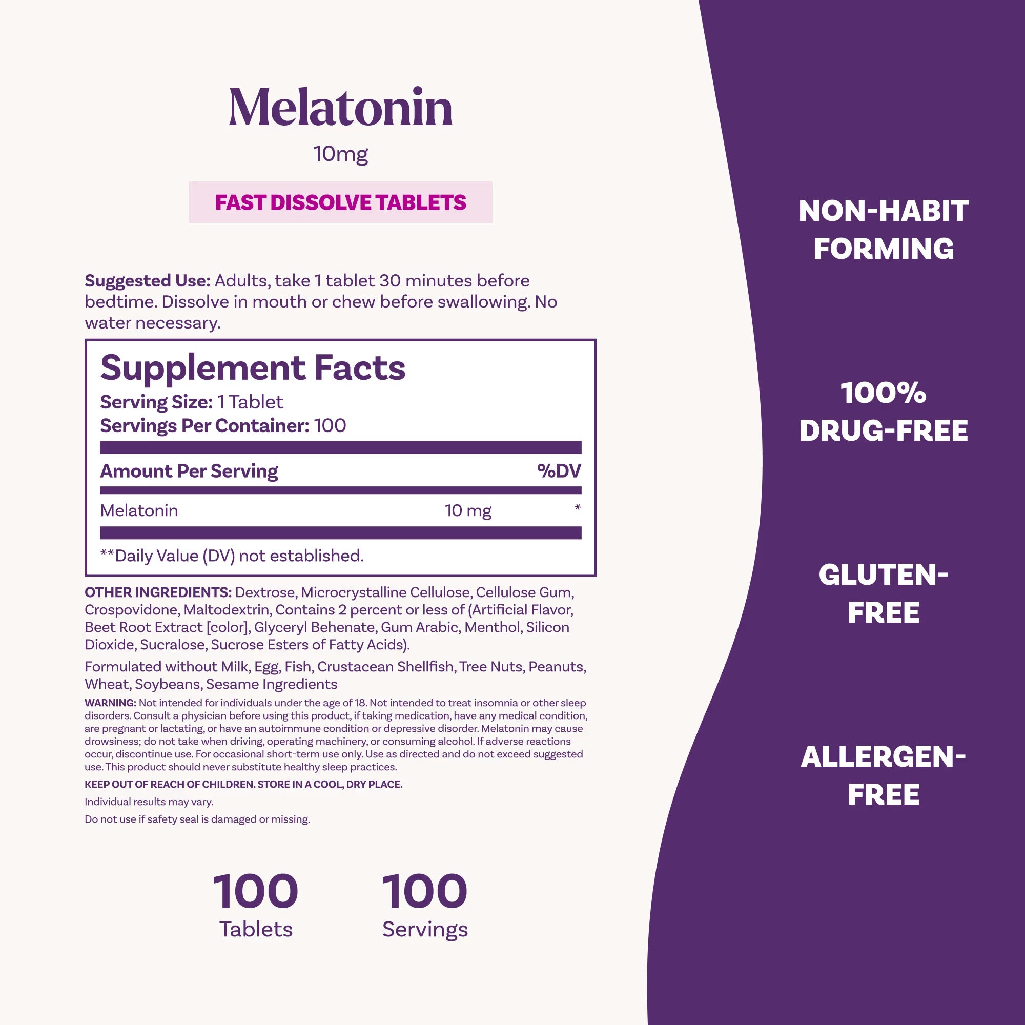 Natrol Melatonin 10mg fast dissolve tablets label with Supplement Facts, 100 servings and allergen-free claims