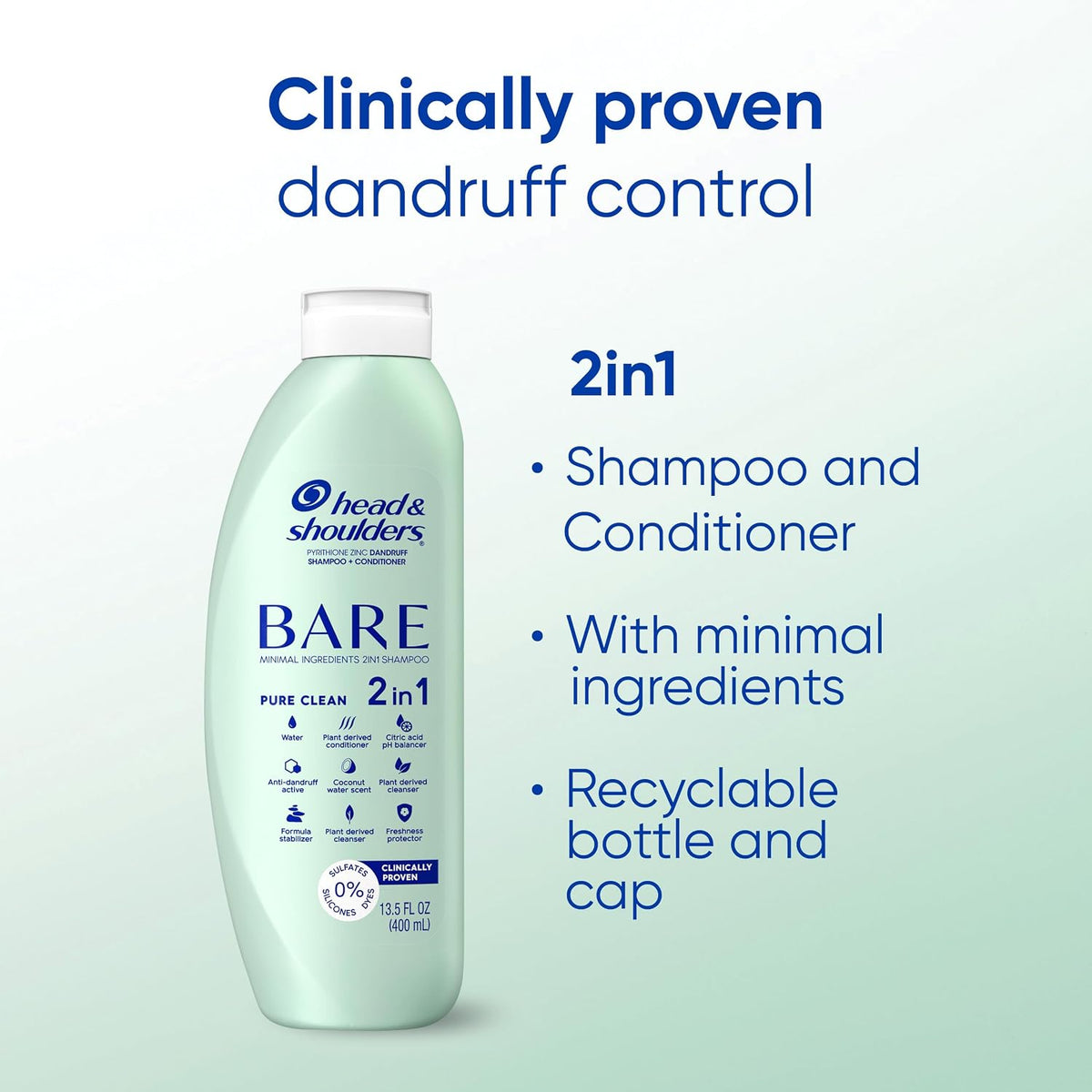 Head & Shoulders Bare Minimal Ingredients 2in1 Shampoo Pure Clean 13.5 fl oz (Pack of 2) — product image 3