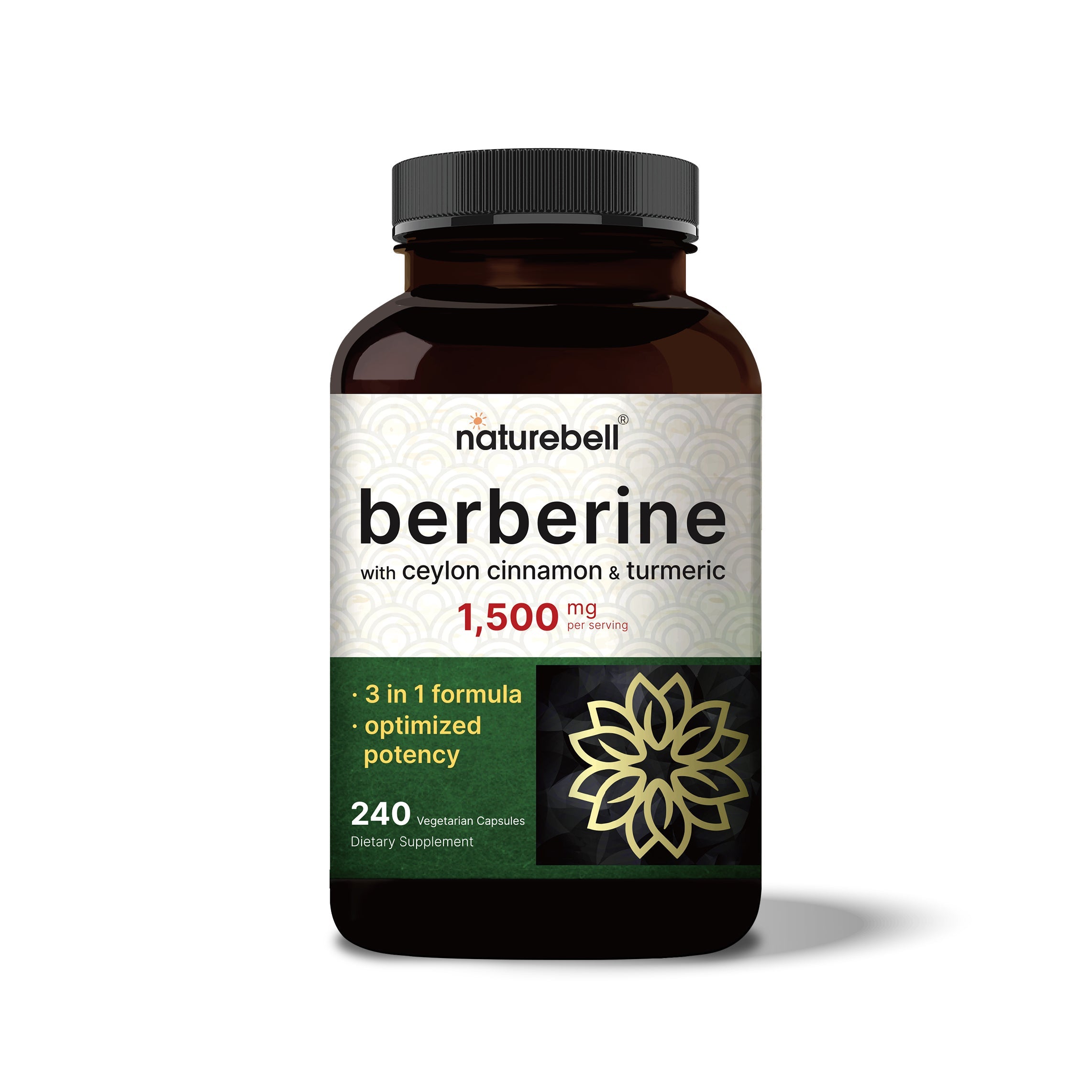 NatureBell Berberine 1500mg with Ceylon cinnamon and turmeric front label, amber bottle of 240 vegetarian capsules