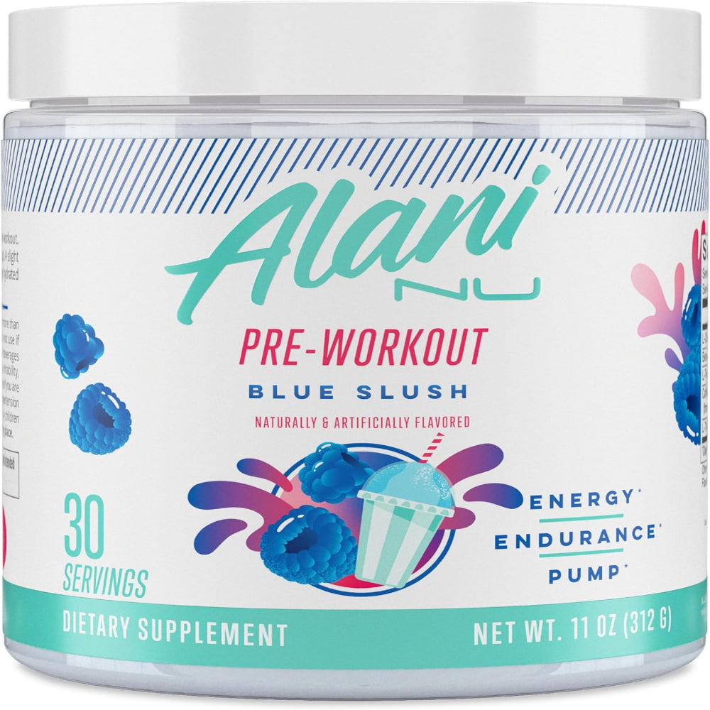alani nu pre workout blue slush 30 servings container