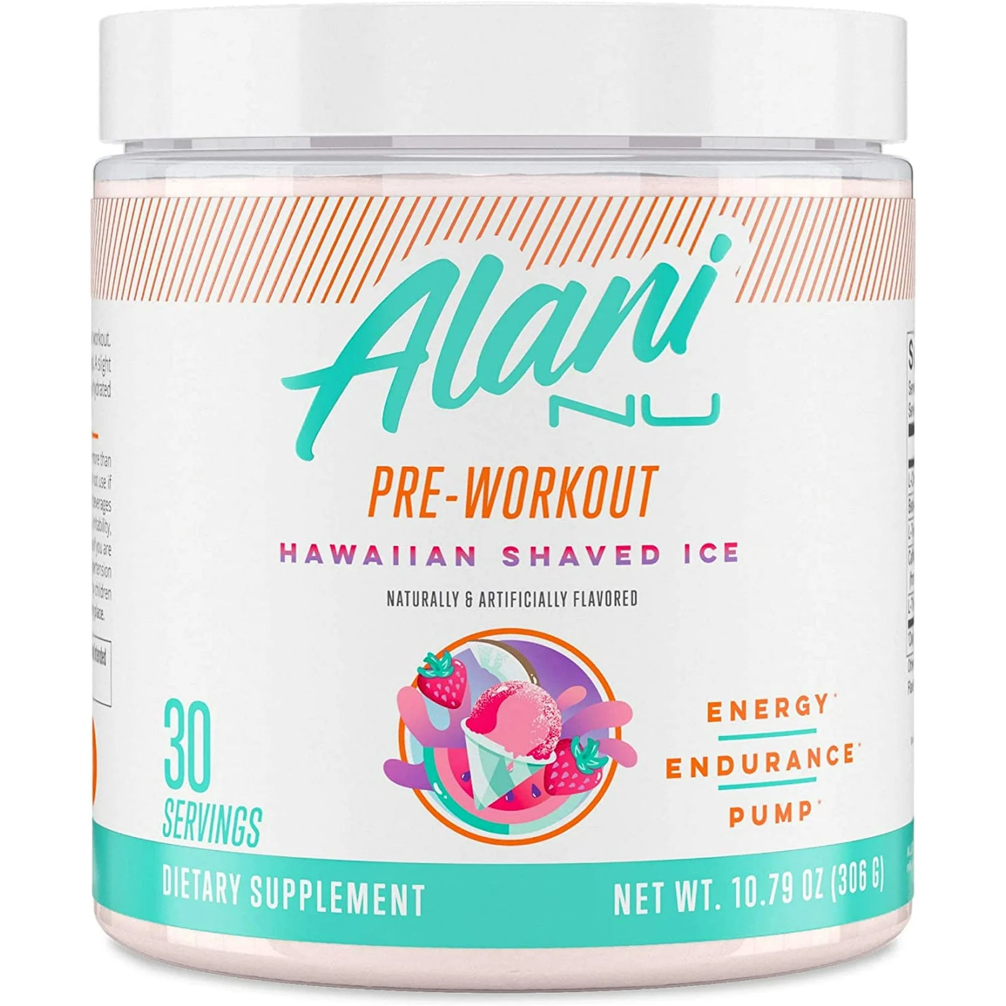 Alani Nu Pre-Workout Powder Hawaiian Shaved Ice Front Label

