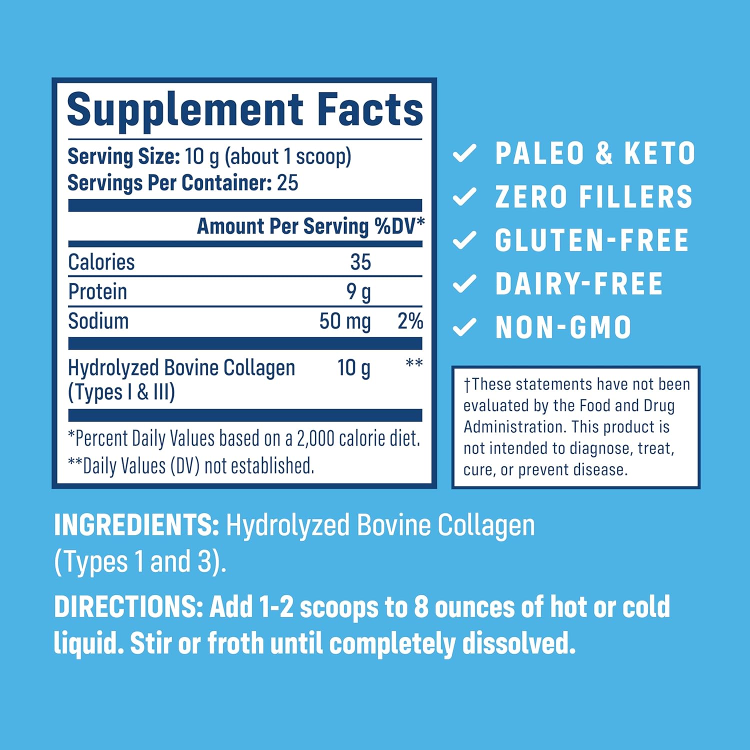 Supplement facts label with collagen product details on a blue background. Grass‑fed bovine collagen peptides supplement powder