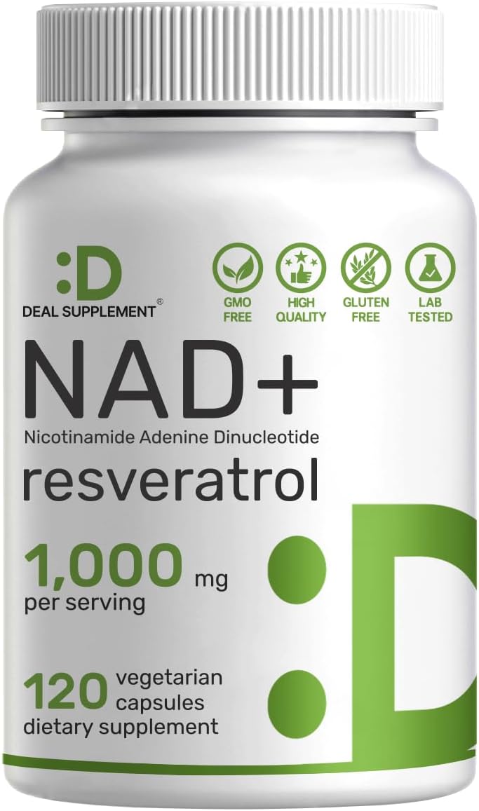 NAD resveratrol supplement 1000mg 120 veggie capsules bottle