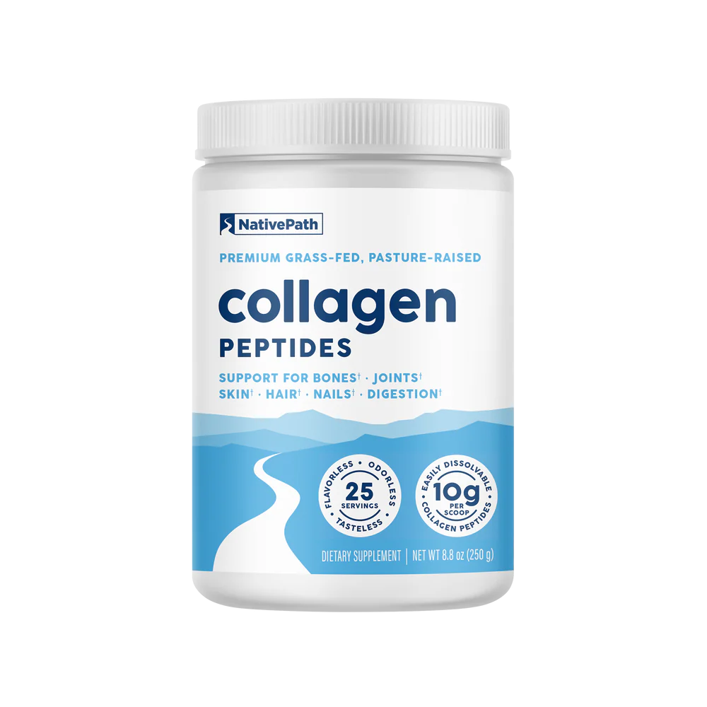 Native Path collagen peptides supplement container on a white background. NativePath Collagen Peptides powder jar 8.8 oz
