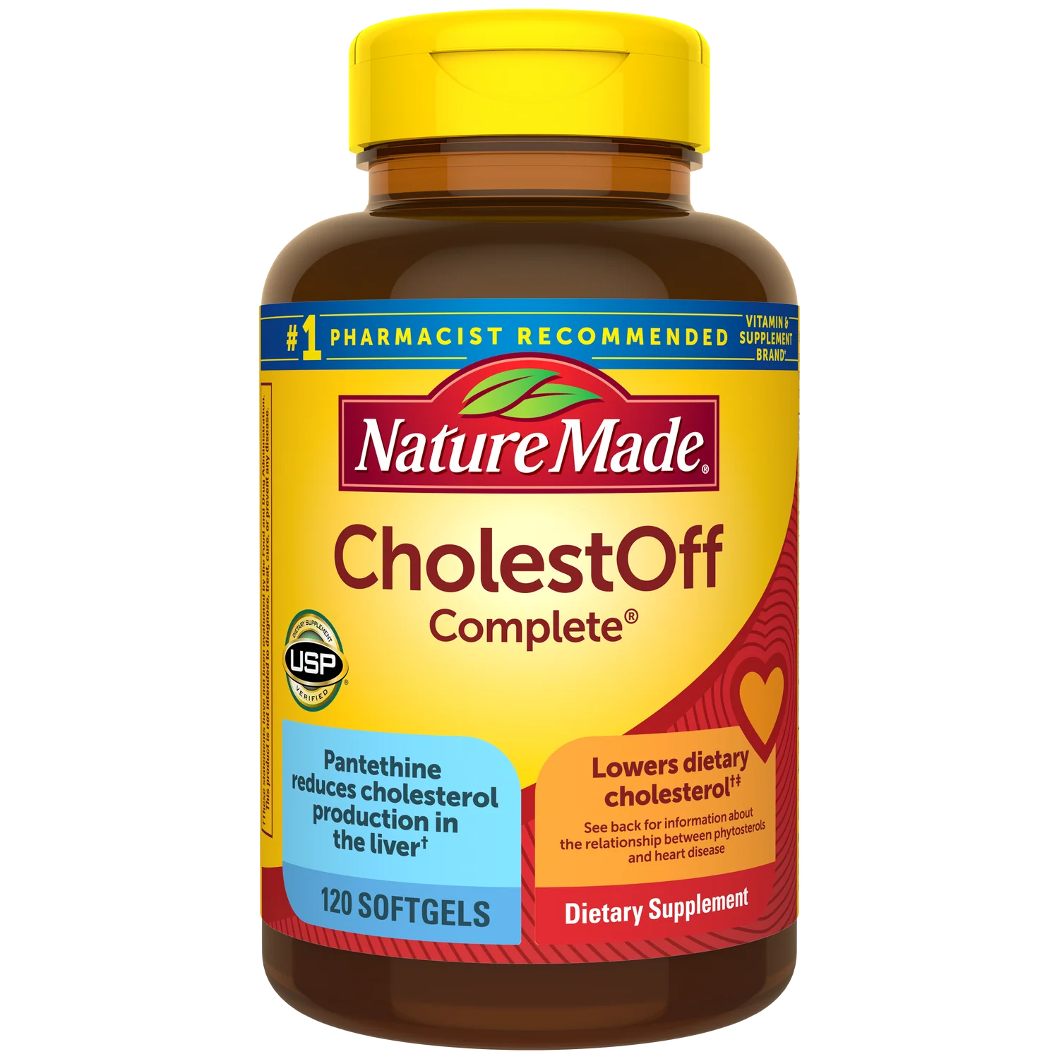 Nature Made CholestOff Complete dietary supplement bottle on a white background. Nature Made CholestOff Complete tablets heart health supplement bottle