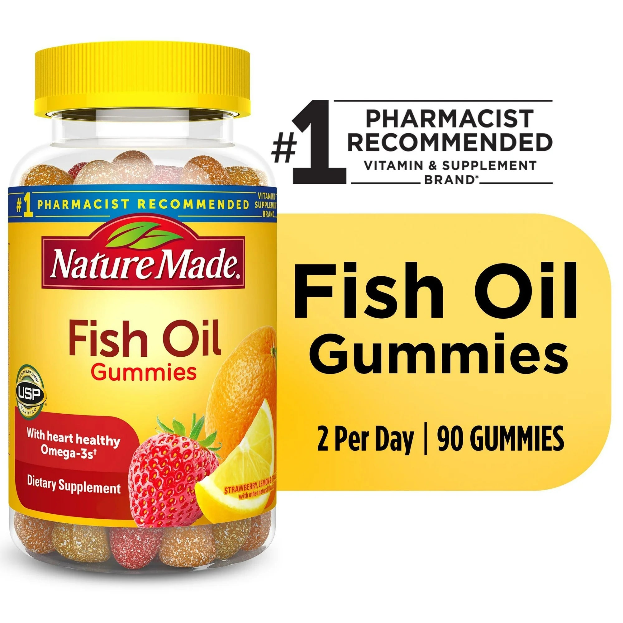 Nature Made Fish Oil Gummies bottle with yellow cap on a white background. Nature Made Omega-3 Fish Oil Gummies bottle front view