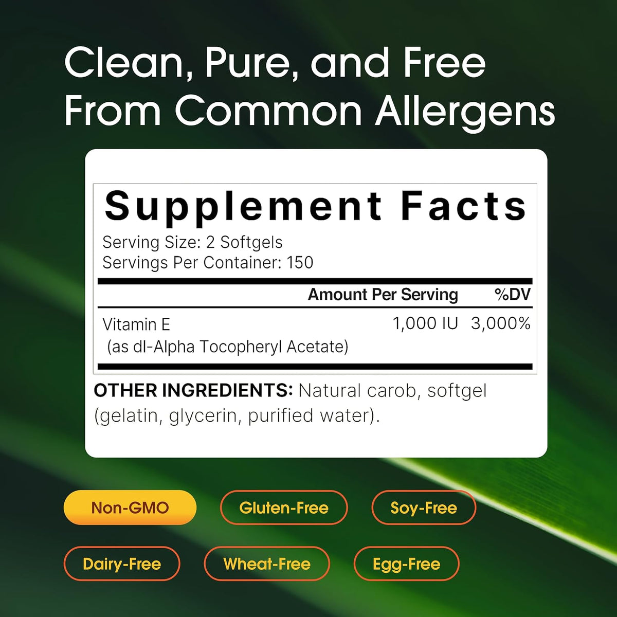 NatureBell Vitamin E 1,000 IU Supplement Facts panel: 2 softgels per serving, 150 servings