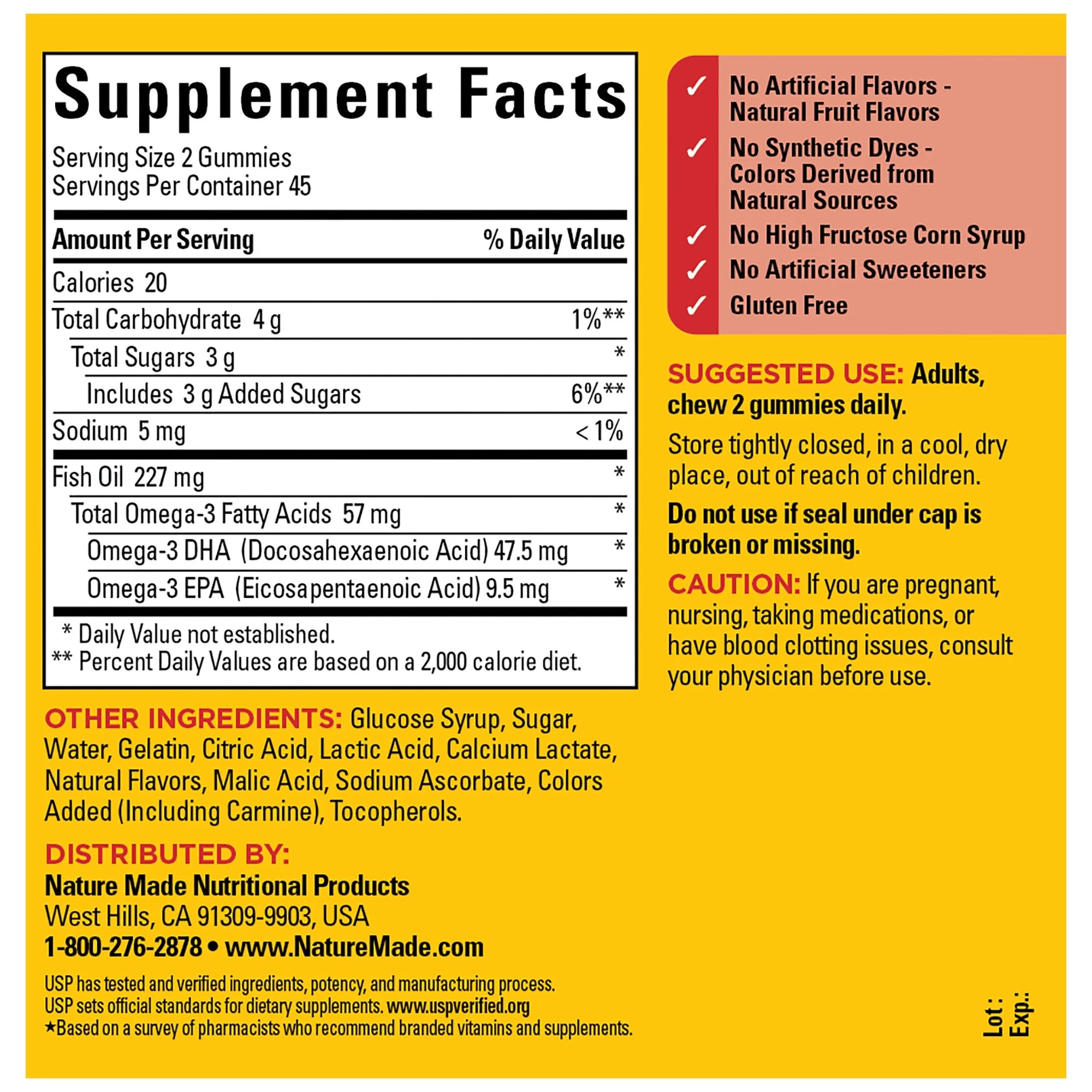 Supplement facts label for gummy vitamins with a yellow background. Omega-3 fish oil supplement gummies for heart and brain health