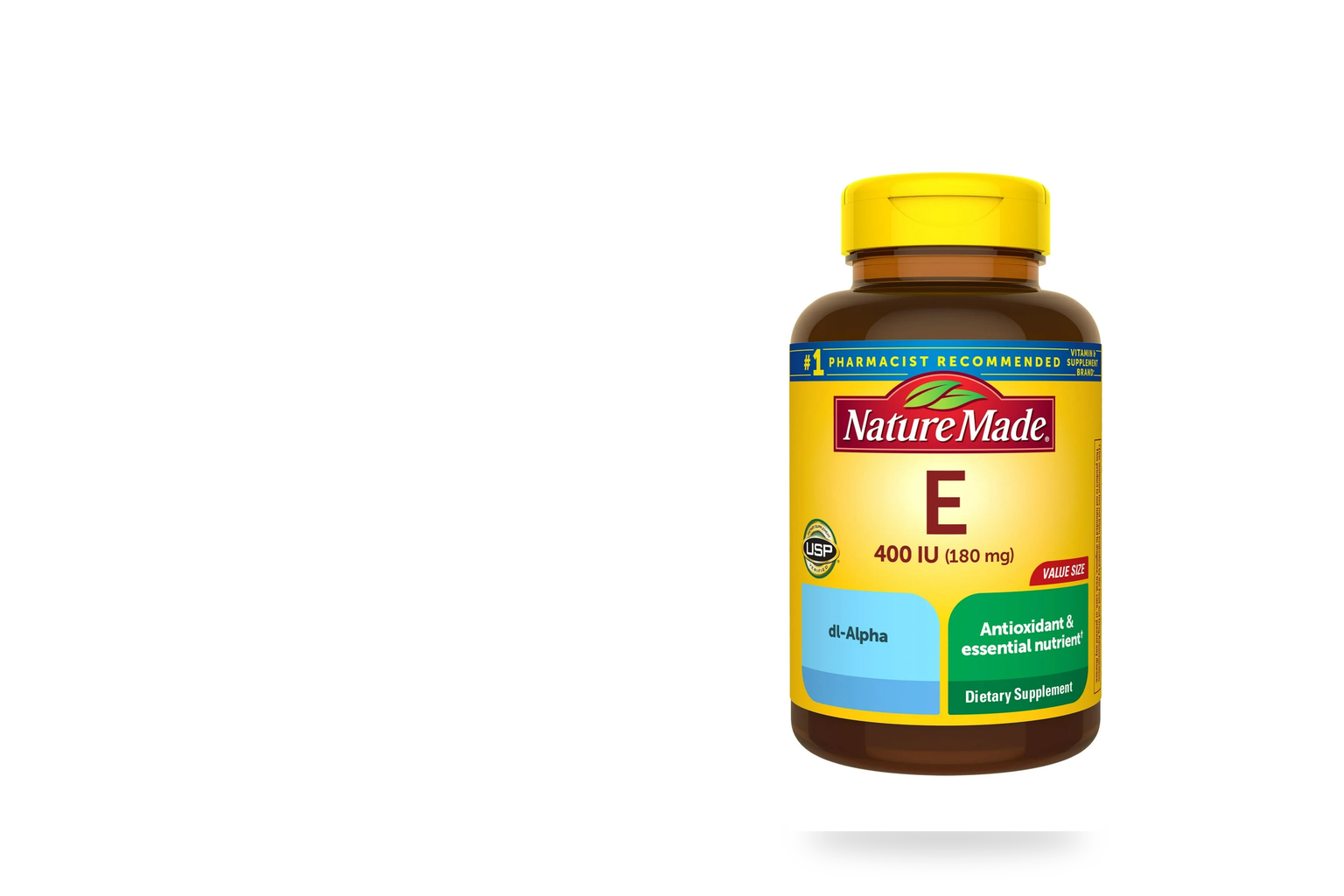 Genuine Nature Made vitamin E bottle on white background