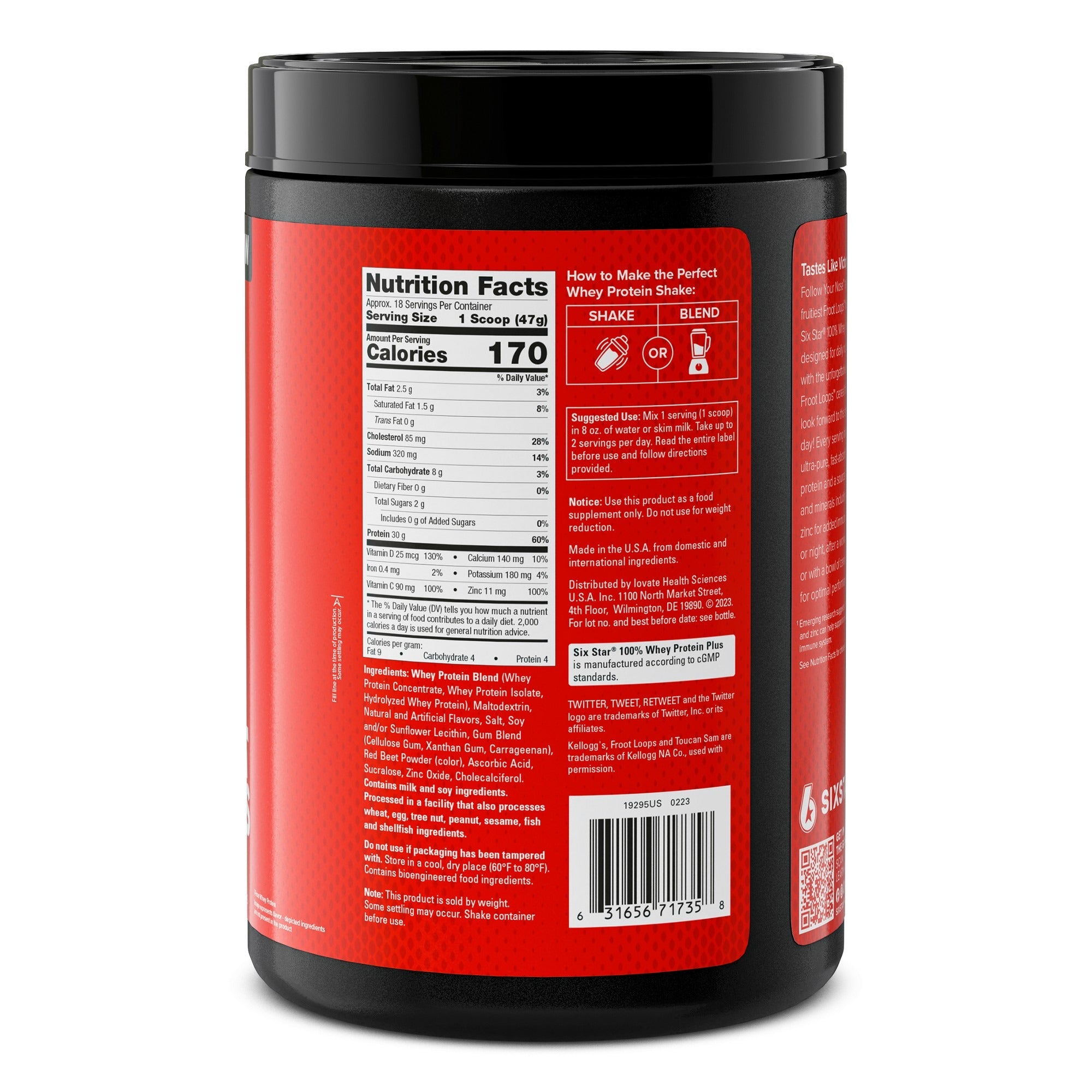 Six Star Whey Protein Plus Froot Loops back label with directions and UPC