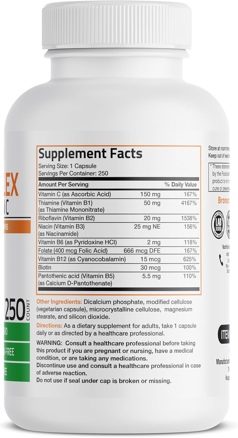 vitamin B complex supplement capsules with vitamin C bottle