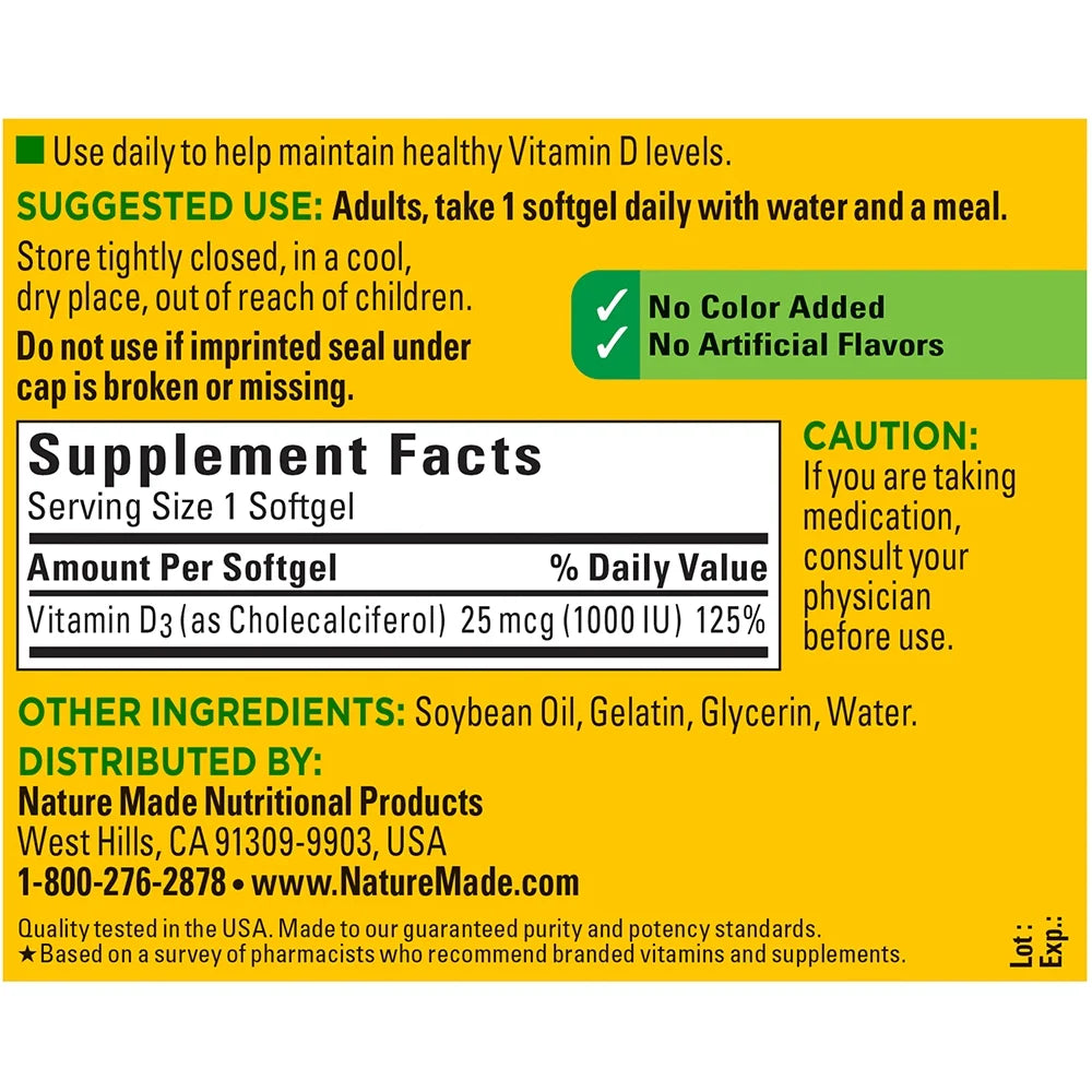 Nature Made Vitamin D3 Supplement Softgel Close-up

