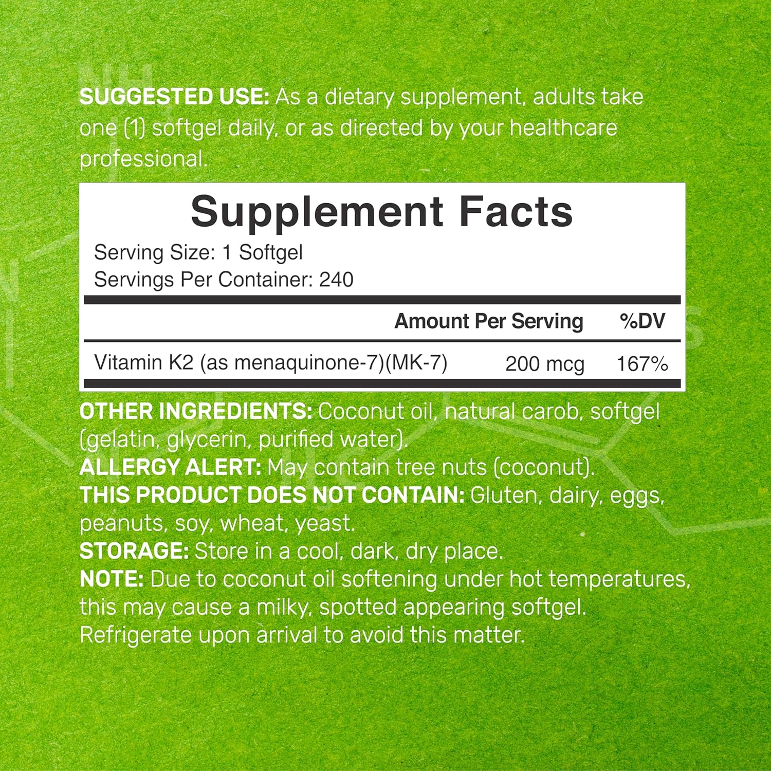 vitamin K2 MK7 softgel capsules with coconut oil supplement