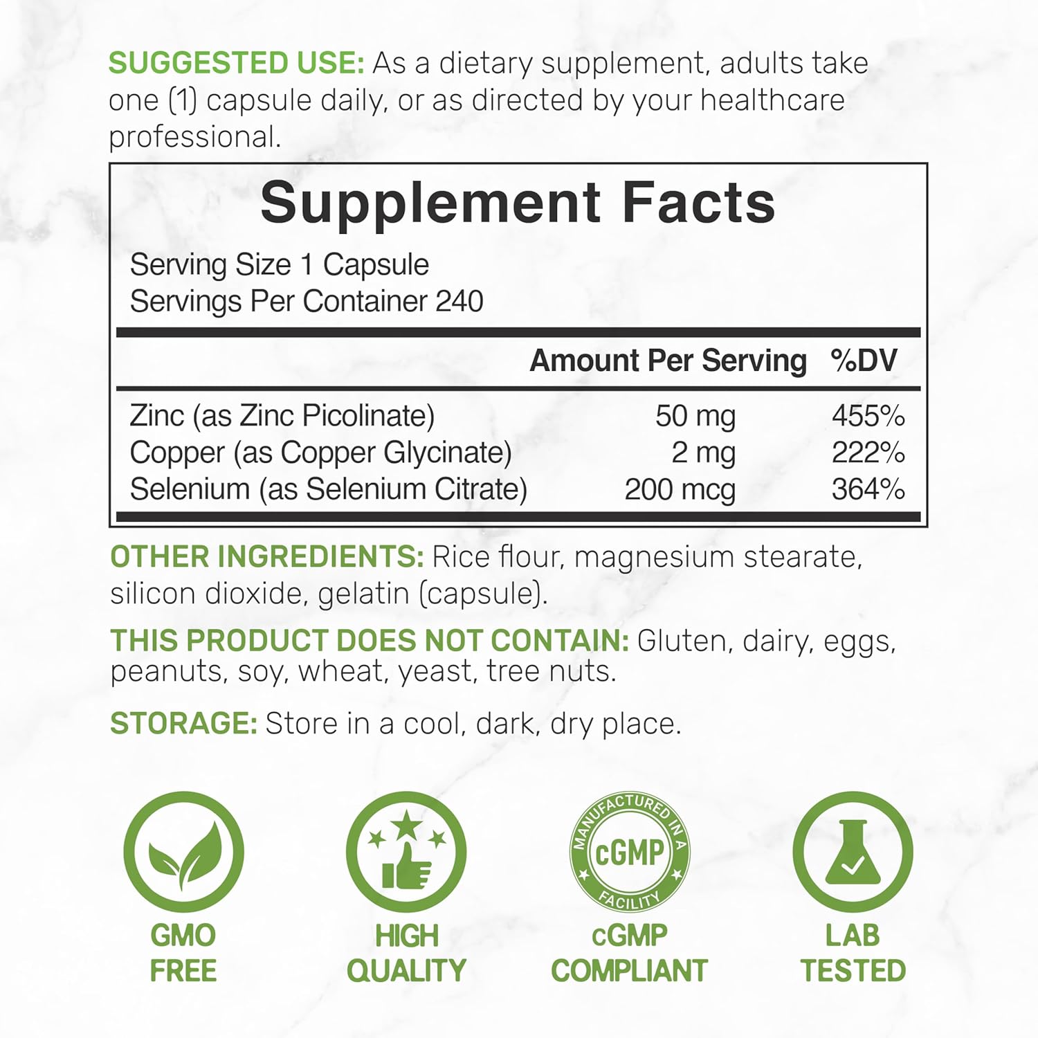 zinc picolinate capsules with selenium copper supplement