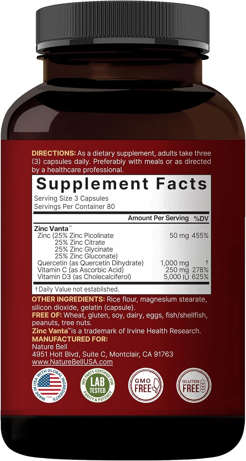 zinc quercetin supplement capsules 240 count bottle